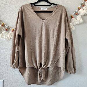 Carly Jean Brown Tie Front Vneck Drop Shoulder Top Neutral Basics Minimalist M